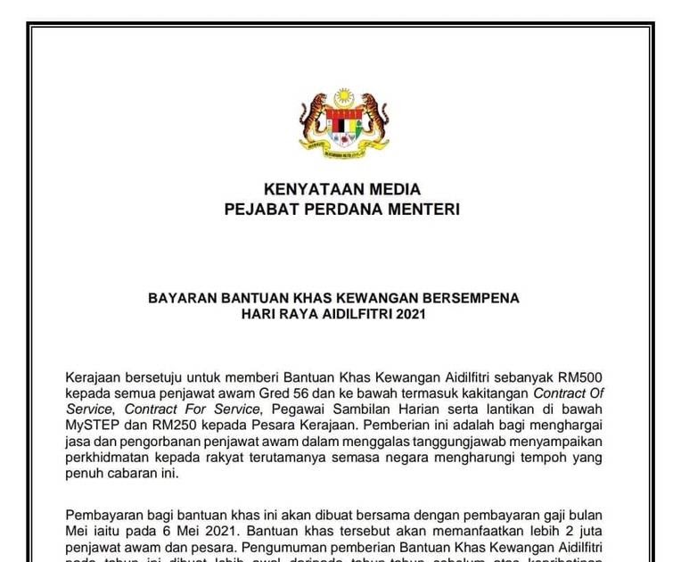 Kenyataan Media Bayaran Bantuan Khas Kewangan Aidilfitri 2021
