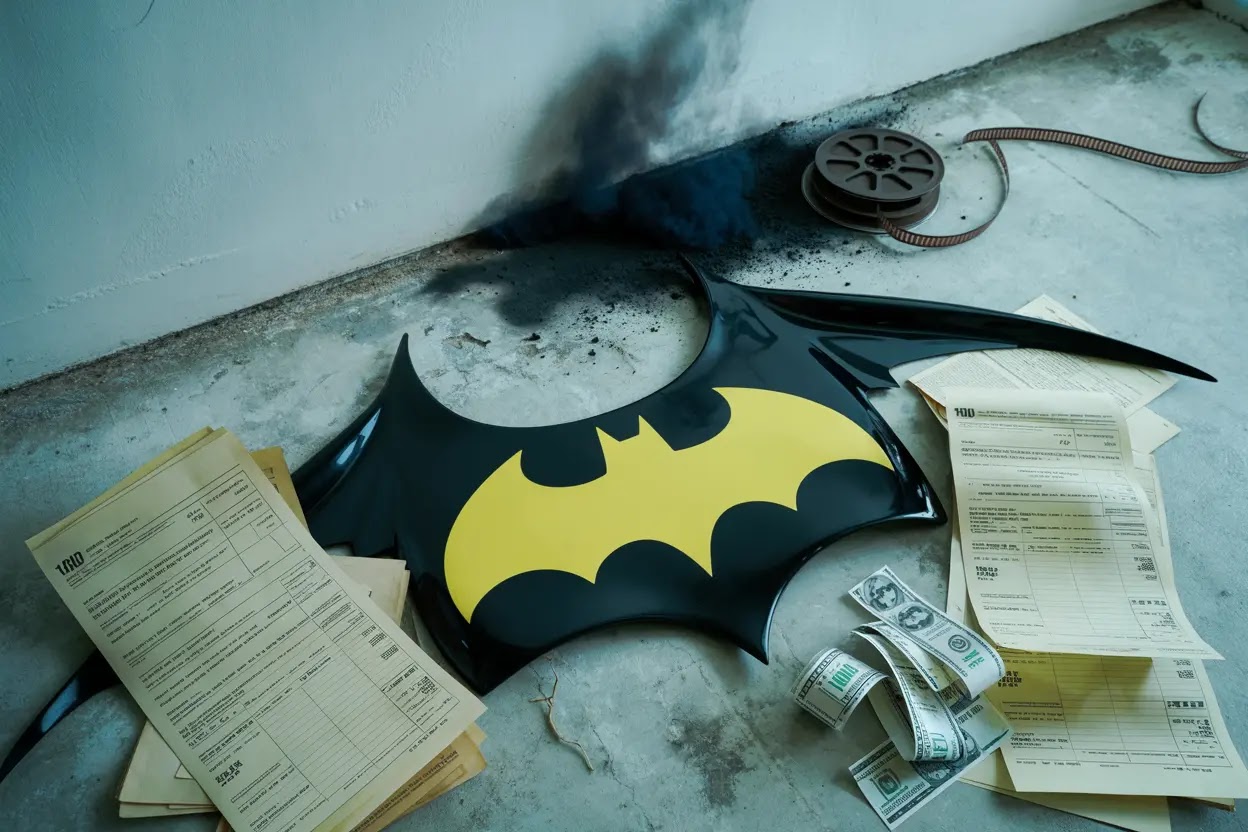 Image of a Batgirl cowl overlaid with financial symbols, representing the controversial cancellation of the Batgirl movie for a tax write-off.