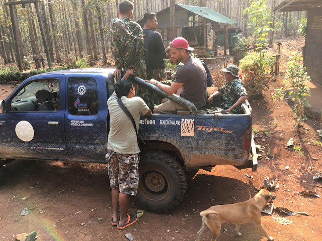 Several kilometers into the forest, we've stopped at the Khao Ruak Ranger Station and delivered drinking water. During the dry season, water is difficult to find. My good friend Ádám Molnár had recently arrived from Hungary. — with Ádám Molnár.