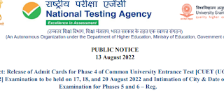 Release of Admit Cards for Phase 4 of Common University Entrance Test [CUET (UG) - 2022]