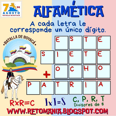 Desafío matemático, Reto matemático, Problema matemático, Batalla de Boyacá, Batalla del Puente, 7 de agosto, Fiesta Patria, Alfamética, Criptoaritmética, Juego de letras, Juego de palabras