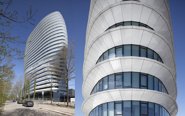 Pictures of an office building and it's facade as seen from the street