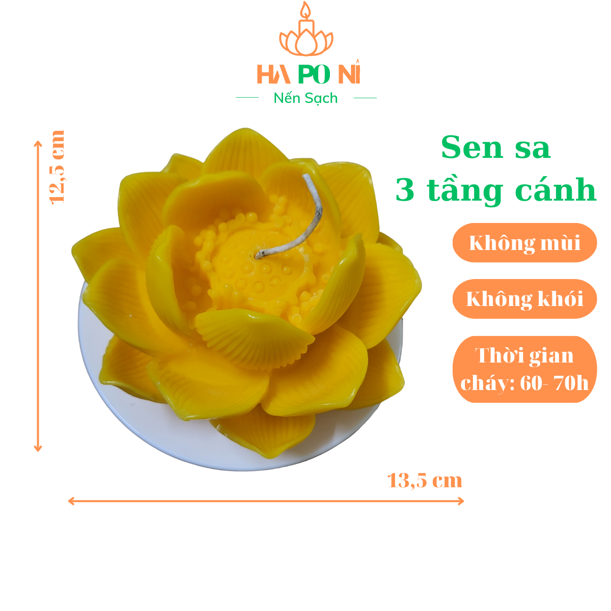 Nến hoa sen sa HAPONI 3 tầng cánh màu vàng, nến sen cúng Phật không khói, thời gian cháy 60 giờ