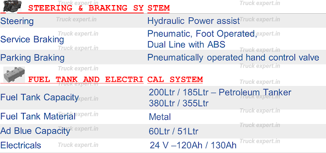 Bharat Benz 2823R  Steering System, Bharat Benz 2823R Braking System, Bharat Benz 2823R Service brake details, Bharat Benz 2823R Braking System Details, Bharat Benz 2823R Fuel Tank Capacity, Bharat Benz 2823R Fuel Tank Material, Bharat Benz 2823R Adblue tank Capacity, Bharat Benz 2823R Adblue Capacity, Bharat Benz 2823R Electrical System, Bharat Benz 2823R Alternator details, Bharat Benz 2823R Battery details, Bharat Benz 2823R  Battery Used, Bharat Benz 2823R Battery Voltage, Bharat Benz 2823R Voltage of battery,