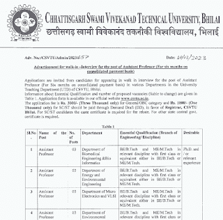 CSVTU ASSISTANT PROFESSOR RECRUITMENT 2023 | छत्तीसगढ़ विवेकानंद तकनीकी विश्वविद्यालय में असिस्टेंट प्रोफेसर की वेकेंसी