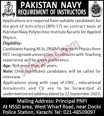 Pakistan Navy Polytechnic Institute Jobs bs 17 level