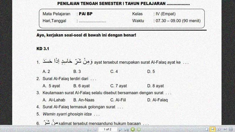 Soal Penilaian Tengah Semester 1 PAI Kelas 4 dan Kunci Jawabannya