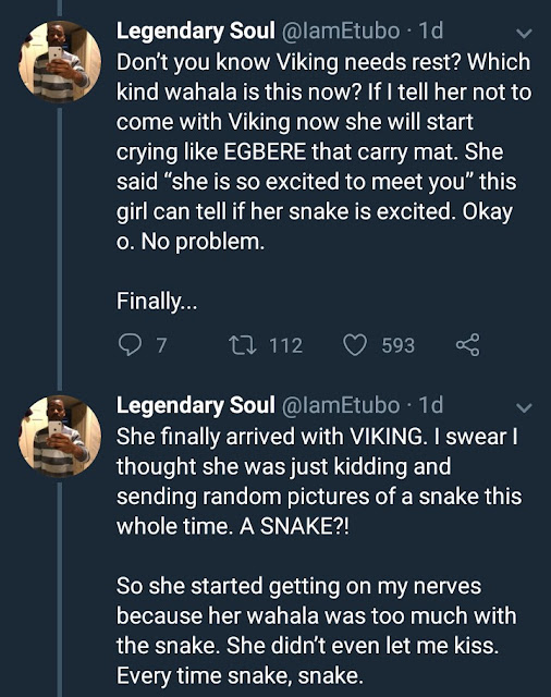  Nigerian man narrates hilarious experience he had with his oyibo girlfriend and her pet snake
