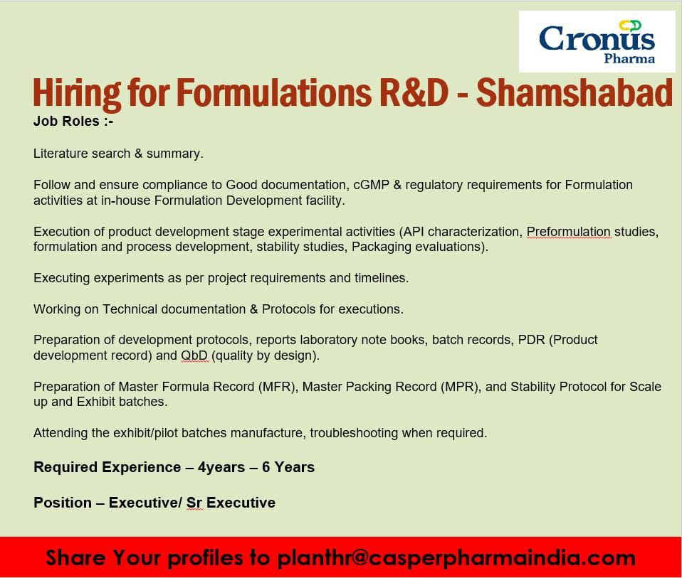 Job Availables,Cronus Pharma Job Vacancy For Formulations R&D