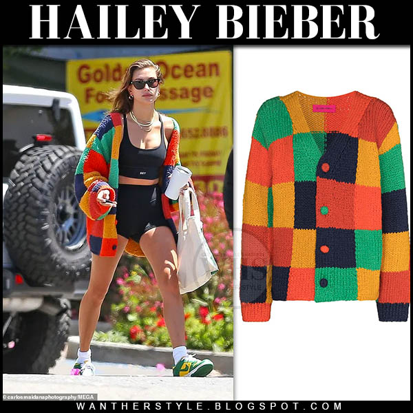 Hailey Bieber in colorful check print cardigan