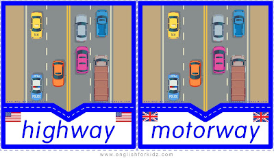 highway and motorway printable transportation flashcards American and British English