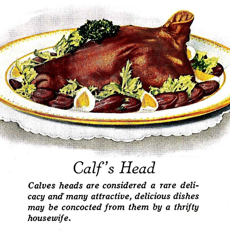 a 1919 calf's head serving suggestion in a color illustration, disturbing food for the poor
