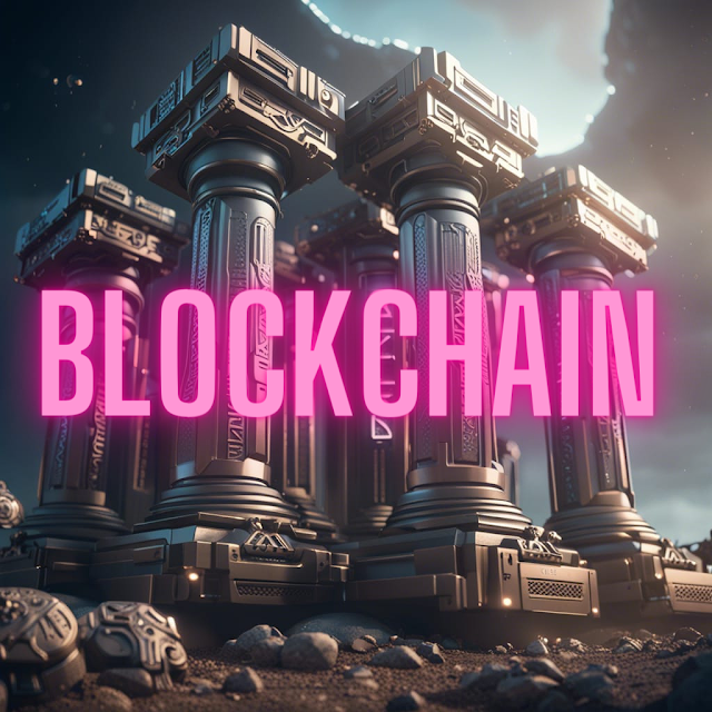 There are modern pillars in the picture with the word "Blockchain" written over them