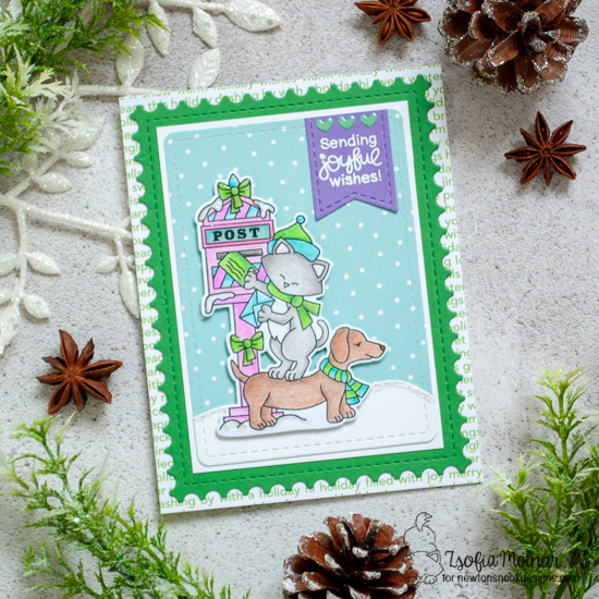 Cat and Dog mailing holiday letters card by Zsofia Molnar | Holiday Post Stamp Set, Land Borders Die Set and Framework Die Set by Newton's Nook Designs #newtonsnook #handmade