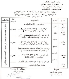 توزيع منهج الرياضيات للصف الثانى الابتدائي الترم الأول