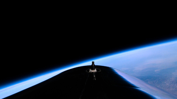 A remote camera image, which was taken from the top of VSS Unity's fuselage, showing the vehicle near the edge of space.