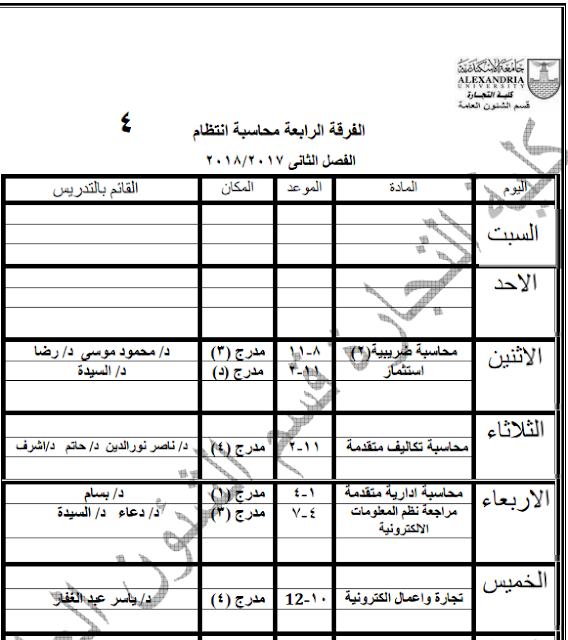 جدول محاضرات كلية التجارة بجامعة الإسكندرية 2018