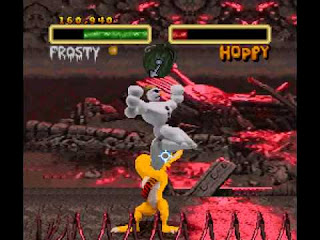 FROSTY HOPPY names of them with FROSTY being the snowman guy with the hat on HOPPY being yellow coloured like muscle style of rabbit looking like action here  HORROR style of level here