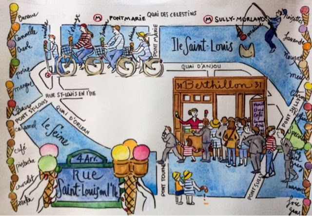 Watercolor illustrated map of Ile Saint Louis