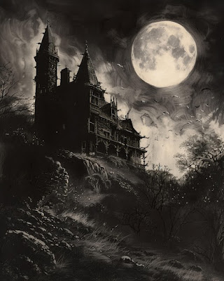 A dark, eerie mansion on a hilltop.