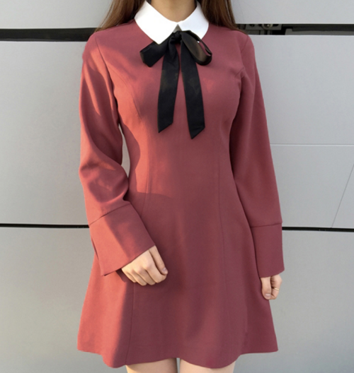 Ribbon Neck Contrast Collar Mini Dress