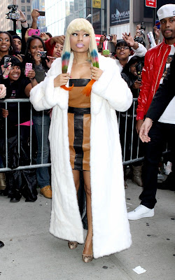 Nicki Minaj out promoting her Pink Friday lipstick in NYC