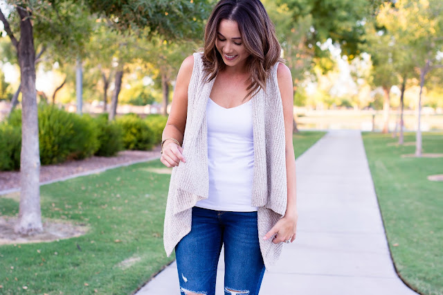 Old Navy open sweater vest with over the knee boots for Fall 