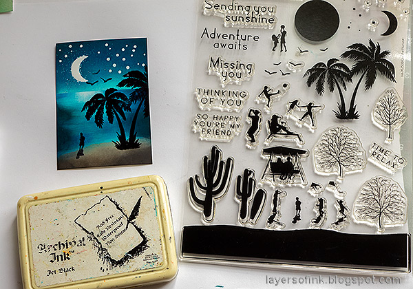 Layers of ink - Scenic Stamping Summer ATC Tutorial by Anna-Karin Evaldsson. Stamp the palm tree and images.