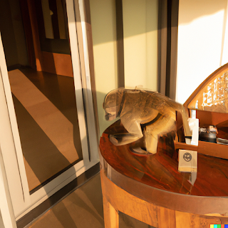 baboons in a hotel room in africa near a safari  looking for items they can eat.