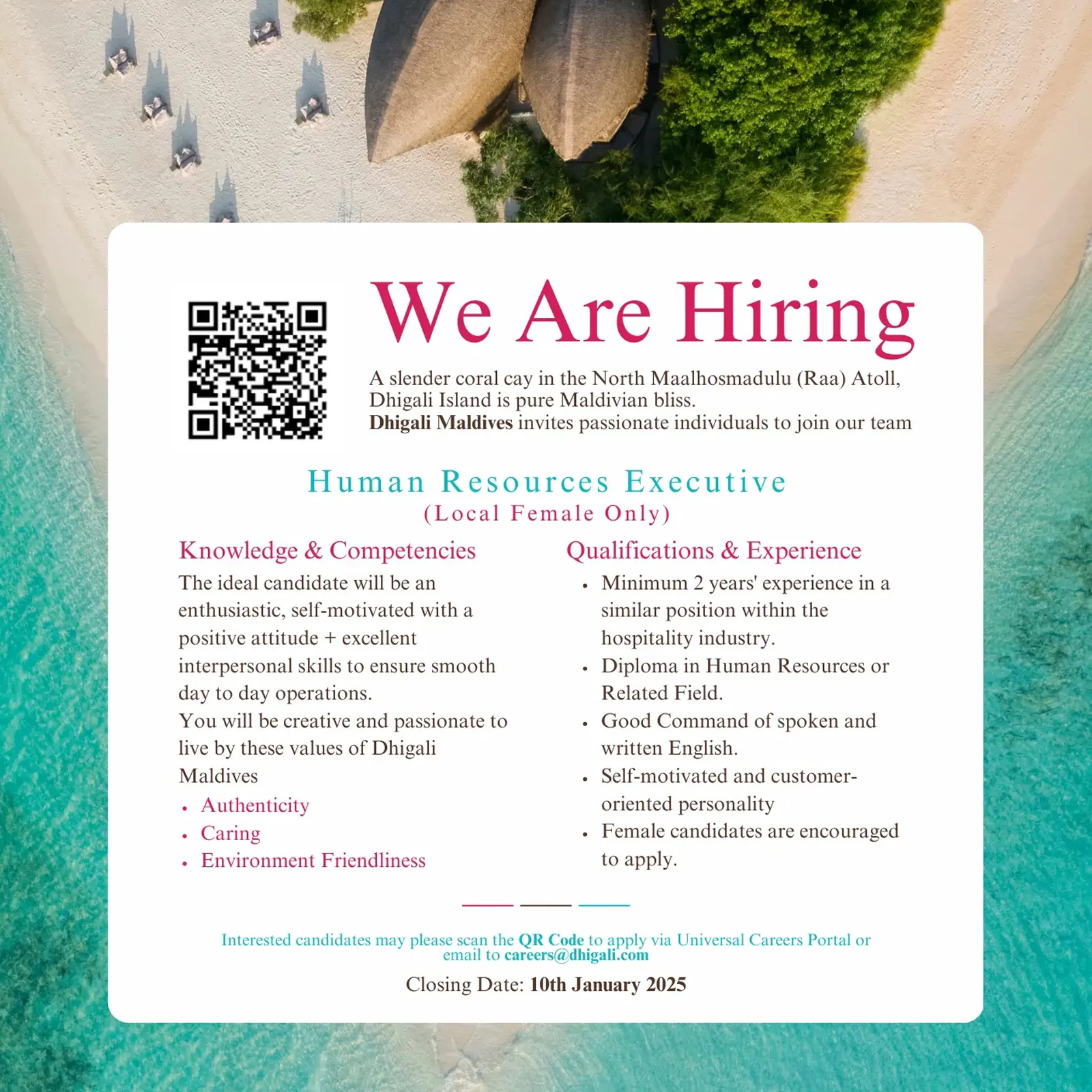 image of Human Resources Executive Job Vacancy at Dhigali Maldives job advert