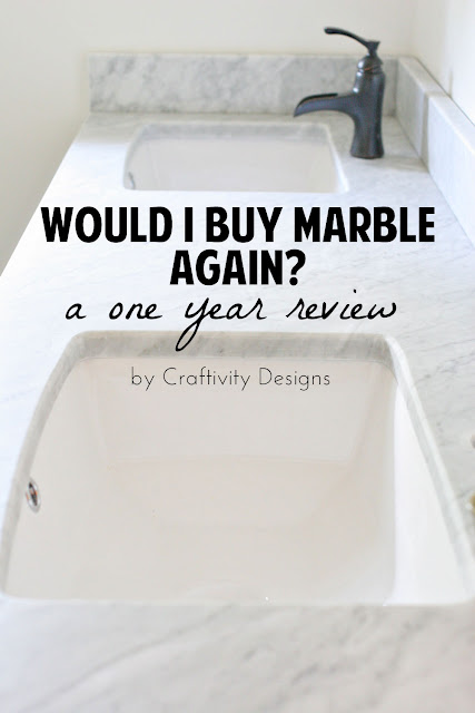 A 1-Year Review of a Marble Vanity Top // How to Clean Marble // How to Protect Marble // Would I buy Marble Again? // Craftivity Designs