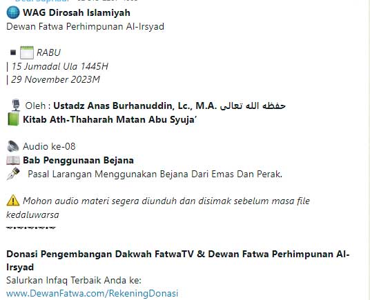 Audio ke-8 Bab Penggunaan Bejana - Pasal Larangan Menggunakan Bejana Dari Emas Dan Perak