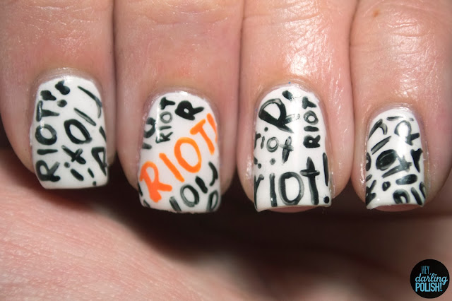 nails, nail art, nail polish, paramore, paramore riot!, riot!, riot, orange, white, black, hey darling polish