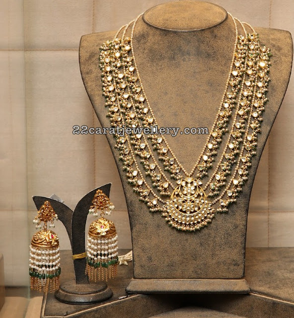 Polki Kundan Pearls Set Beads Hanging Jhumkas