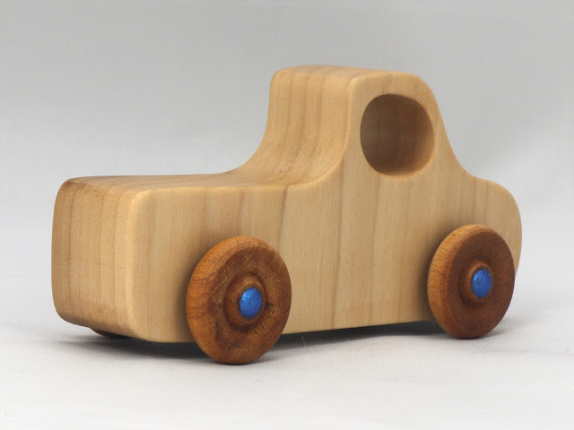 Handmade Wood Toy Pickup Truck from the Play Pal Series Finished with Clear/Amber Shellac and Metallic Blue Acrylic Paint Hubs