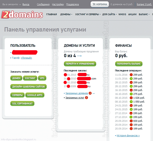 Панель управления услугами в 2domains.ru