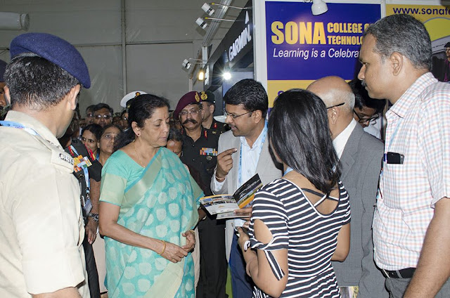 Minister of Defence, Nirmala Sitharaman, visits the Vee Technologies booth at the DefExpo 2018