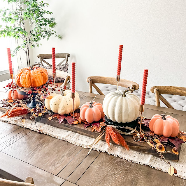 Long Fall tablescape candles pumpkins centerpiece