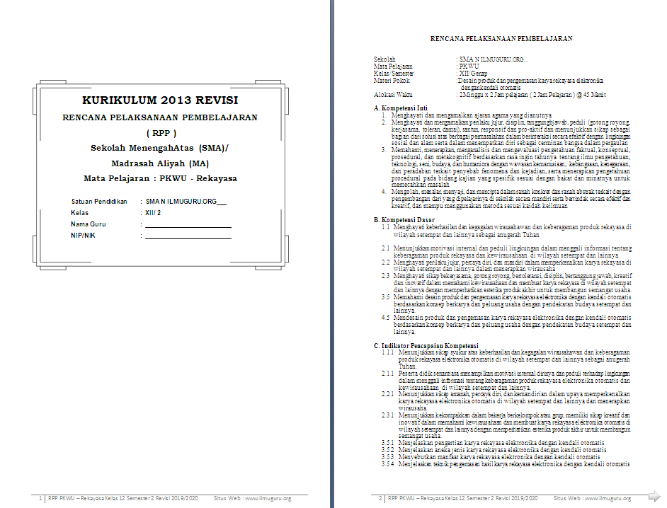 RPP 1 Lembar Prakarya & Wirausaha (Aspek Rekayasa) Kelas 12 SMA/MA