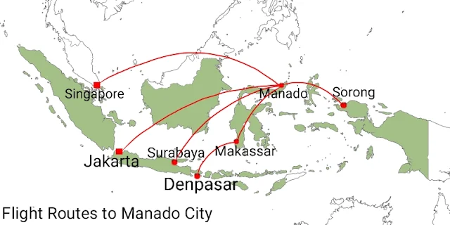 map of flight routes to North Sulawesi