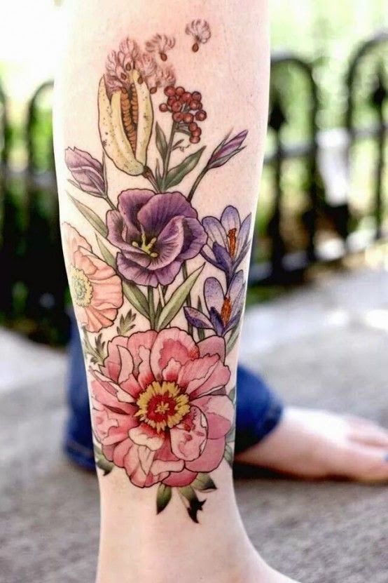 Men Leg With Blossom Flower Tattoos, Flower Tattoos For Men Leg, Gorgeous Flowers For Men Legs, Men Leg With Beautiful Tattoos, Men, 