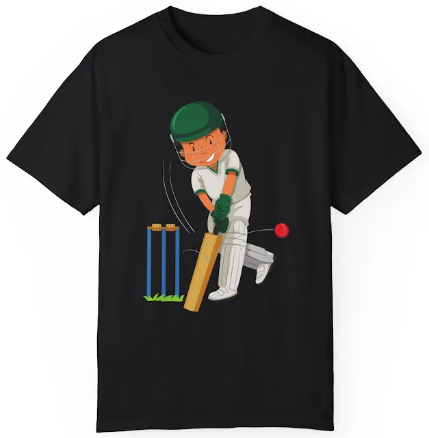 Garment Dyed Personalized Cricket T-Shirt With a Cartoon Test Batsman Hitting Red Ball to The On Side