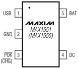 Maxim MAX1555 Battery Charger Pin Description and Datasheet