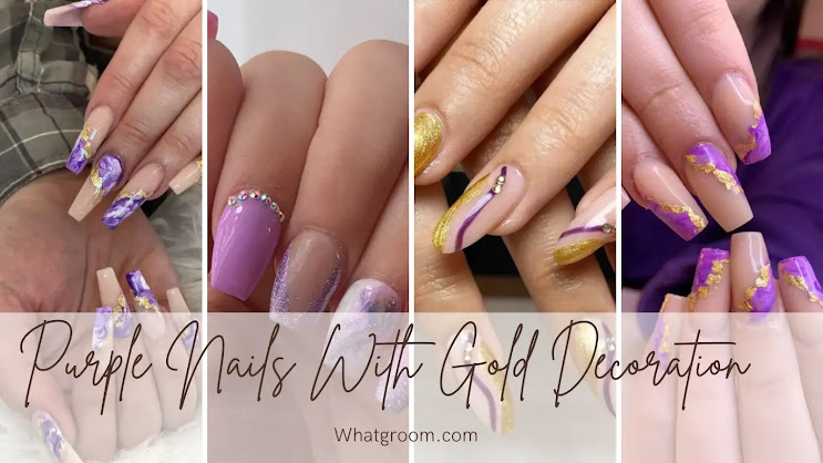 Purple Nails With Gold Decoration