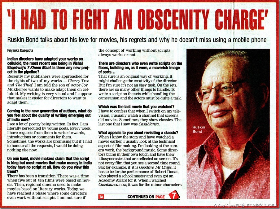 Times Of India English Daily Chennai Edition Supplement Chennai Times Page No 01 Ruskin Bond Interview