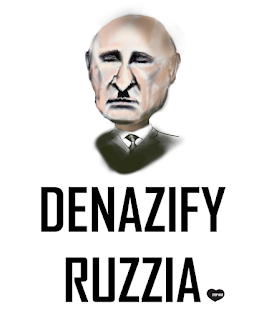Putin caricature with a Hitler's moustache. Caption: Denazify Ruzzia