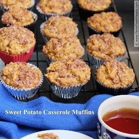 pic of sweet potato casserole muffins cooling on a rack. These whole grain muffins are topped with cinnamon chips.