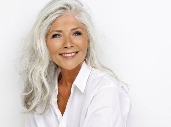 image result for gorgeous skin grey hair white shirt