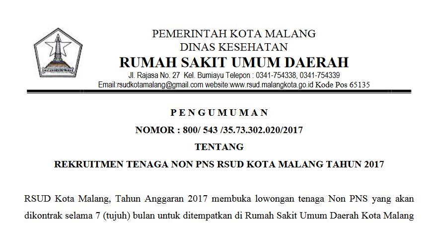 Lowongan Kerja Non PNS RSUD Kota Malang Tingkat SMA SMK D3 