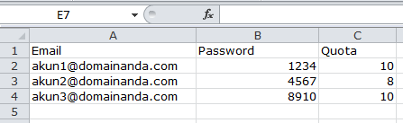 penulisan data akun email dengan excel